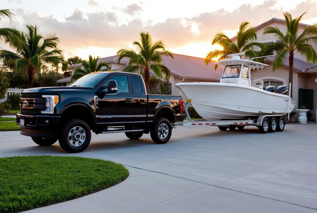 Nova Hauling Ford F-350 towing a boat on a triple-axle trailer in South Florida